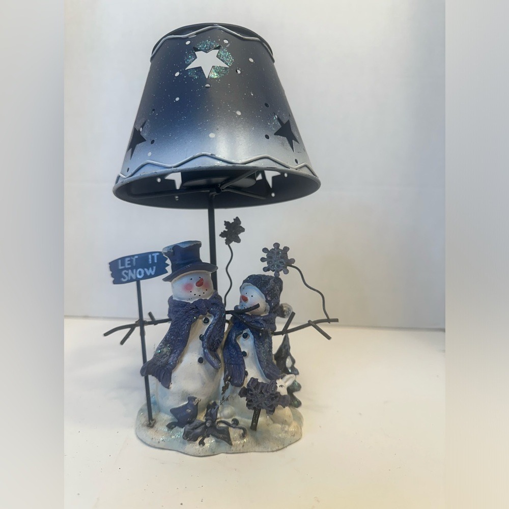 Snowman Let It Snow Jar Candle‎ Holder Topper Blue Star Metal Shade Winter Decor
